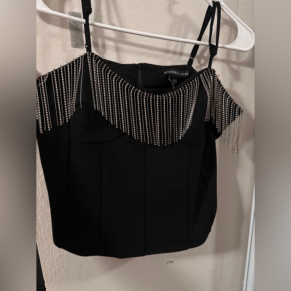 Sincerely Jules Black Beaded Off-Shoulder Top